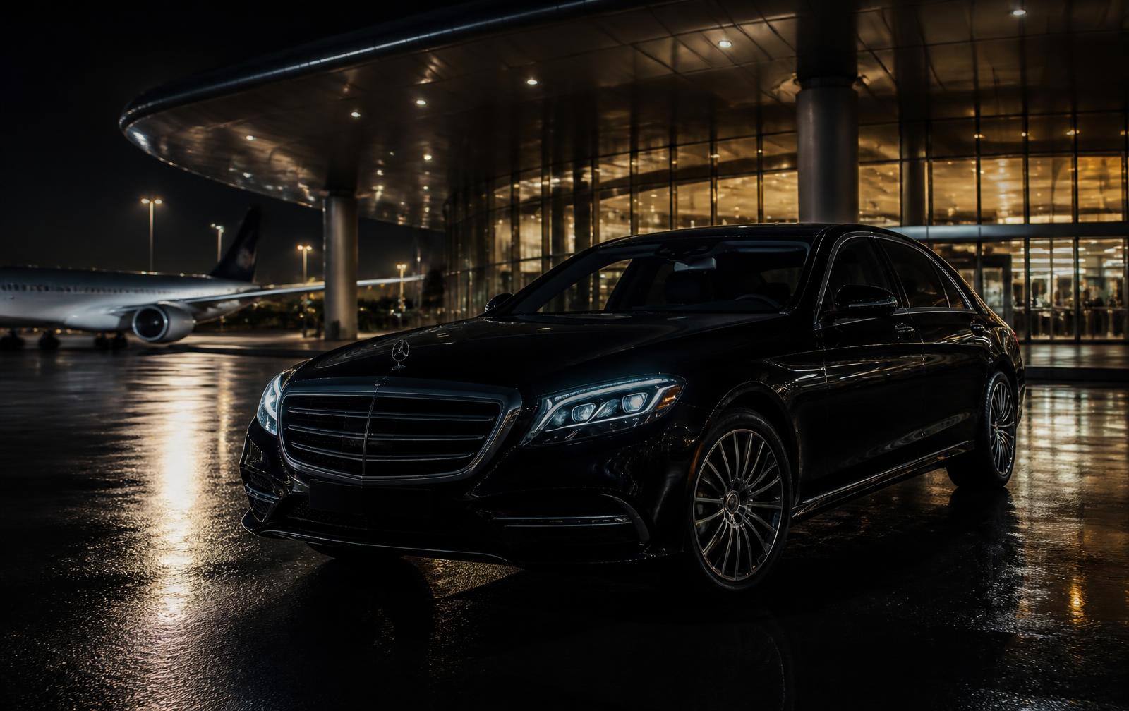Black chauffeur sedan waiting outside an airport terminal at night
